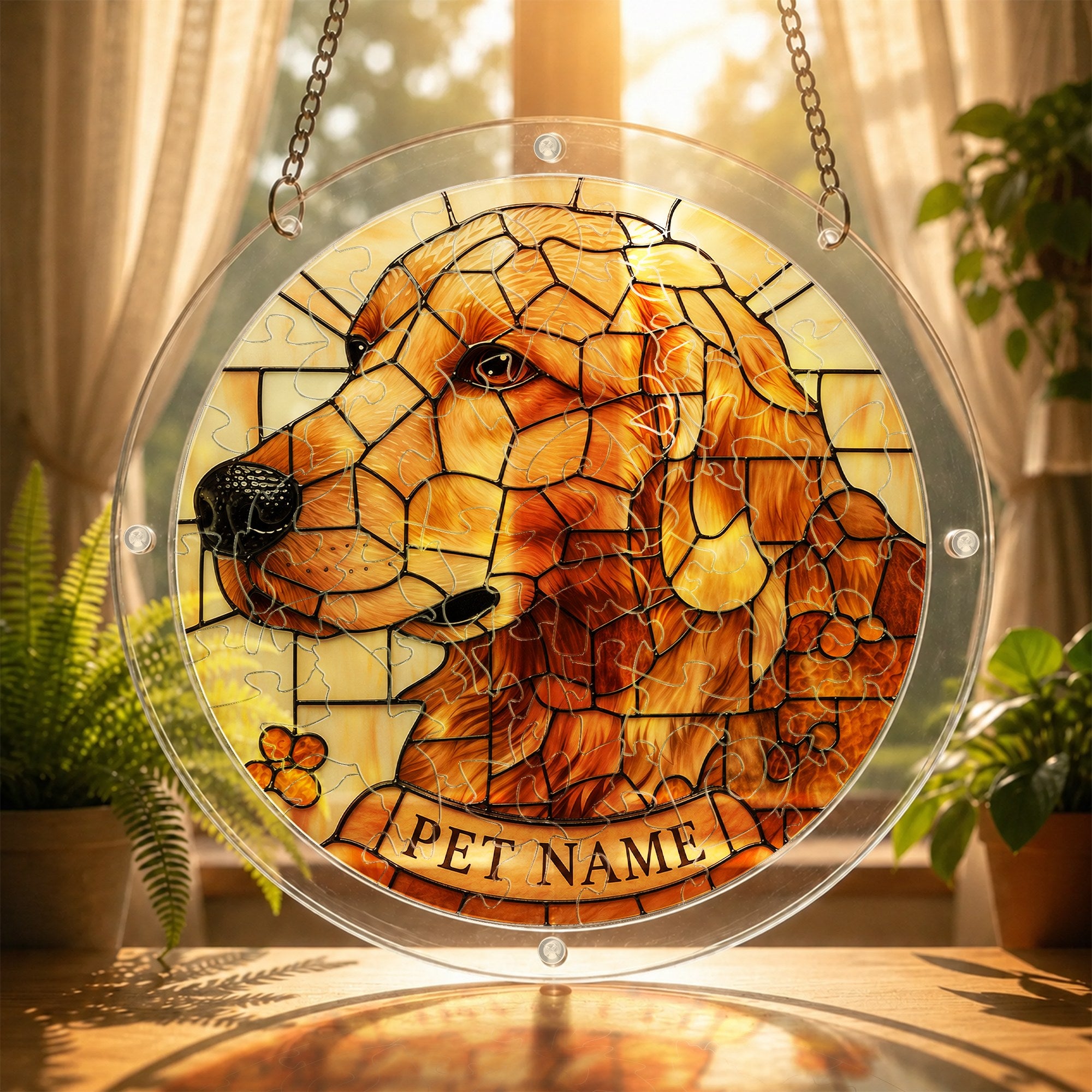 Golden mosaic dog suncatcher glowing in warm sunlight by a window with plants