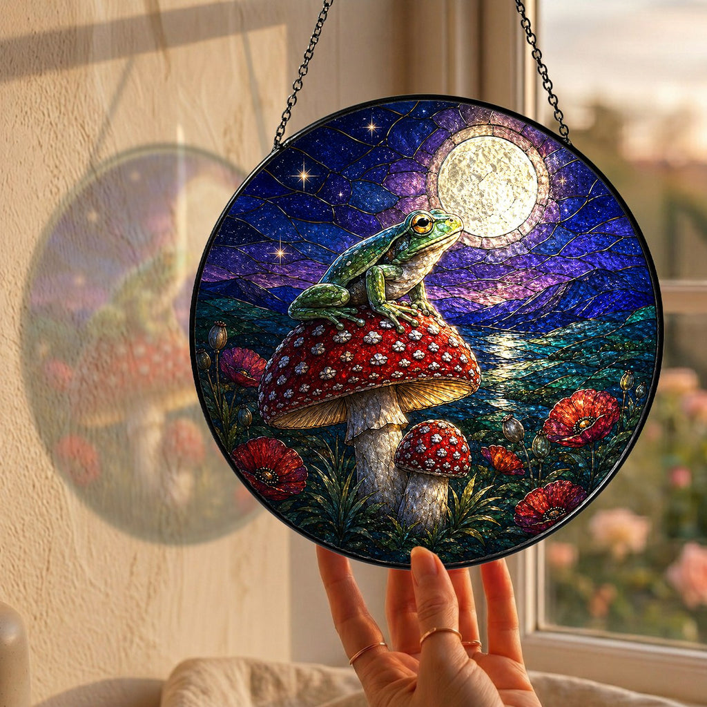 Frog on Mushroom Moonlit Stained Glass Suncatcher