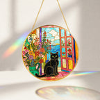 Black cat window stained glass suncatcher decorative round window suncatcher