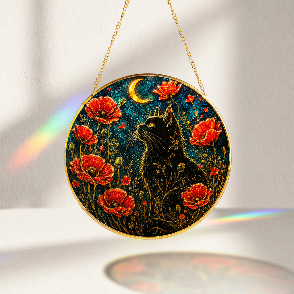 Black cat and red poppies stained glass suncatcher decorative round window suncatcher