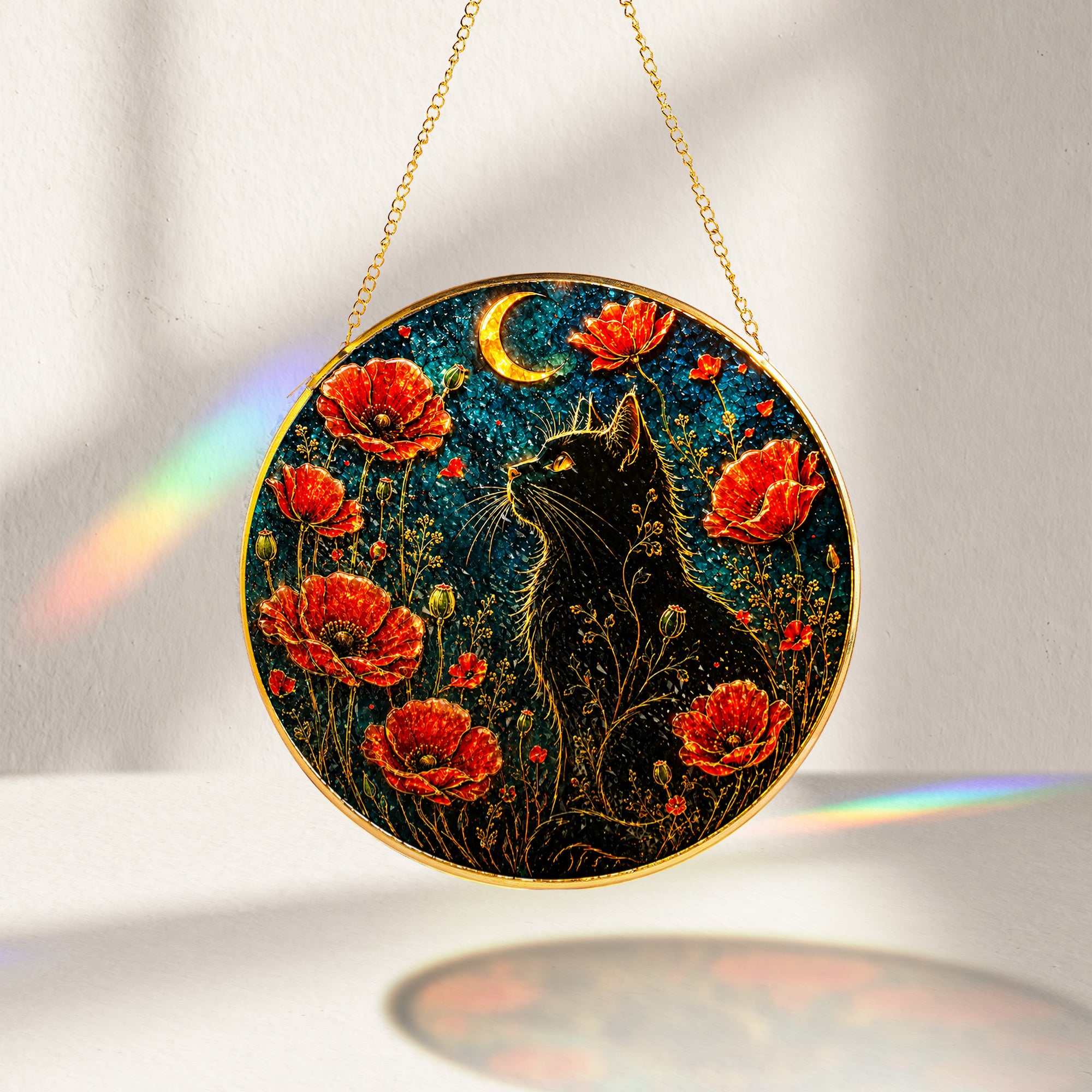 Black cat and red poppies stained glass suncatcher decorative round window suncatcher