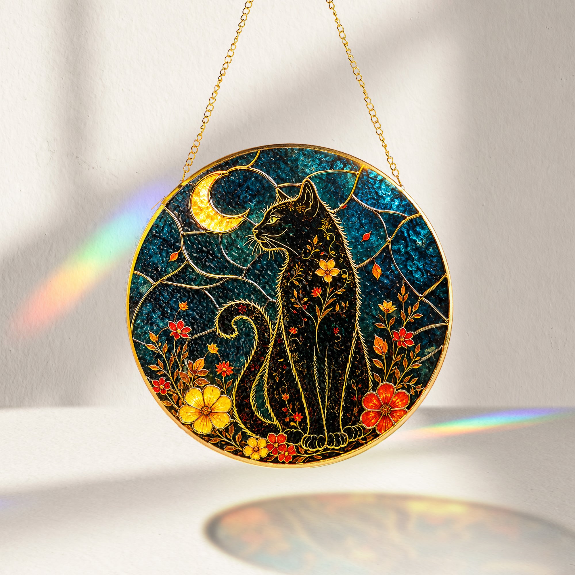 Black cat crescent moon stained glass suncatcher decorative round window suncatcher