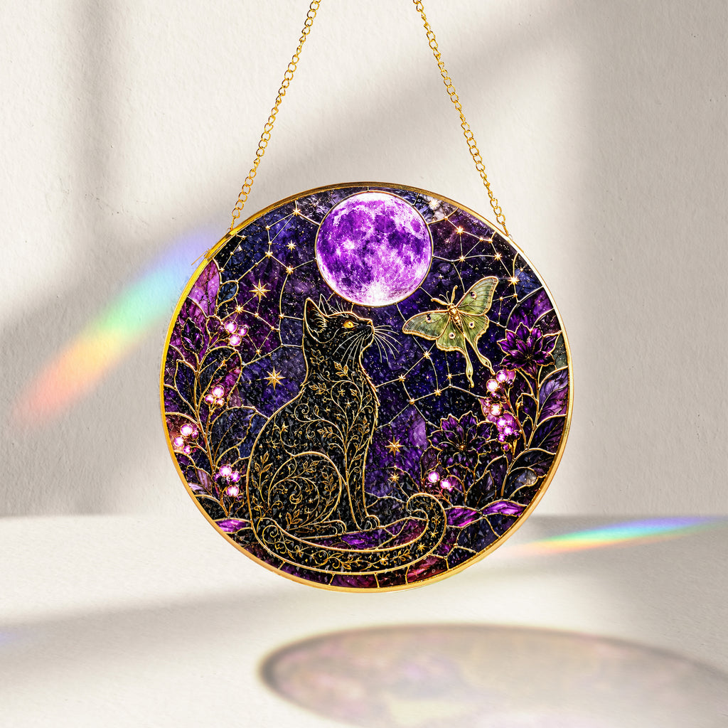 Celestial cat and purple moon stained glass suncatcher decorative round window suncatcher