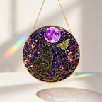 Celestial cat and purple moon stained glass suncatcher decorative round window suncatcher