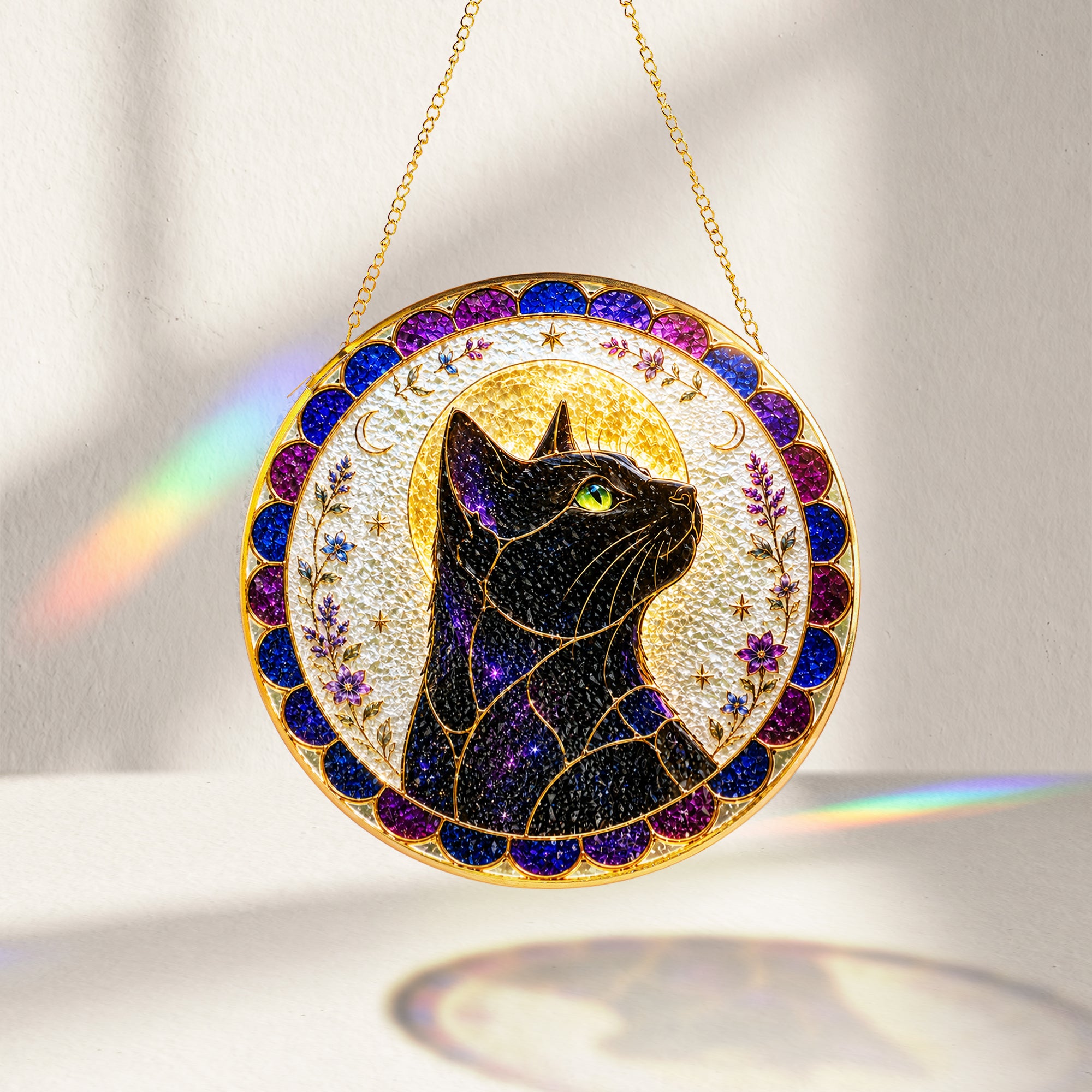 Mystical cat moon mandala stained glass suncatcher decorative round window suncatcher