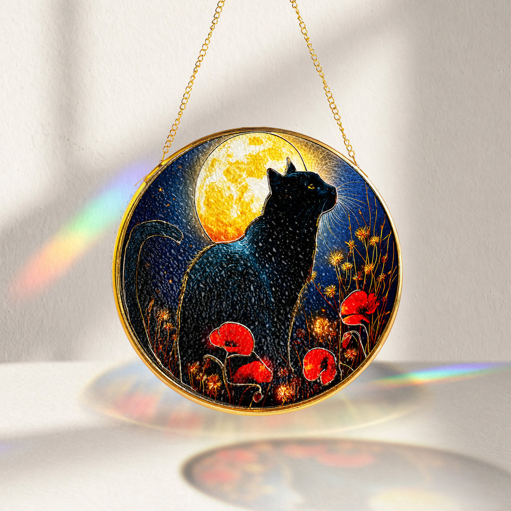 Black cat full moon stained glass suncatcher decorative round window suncatcher