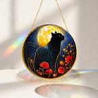 Black cat full moon stained glass suncatcher decorative round window suncatcher