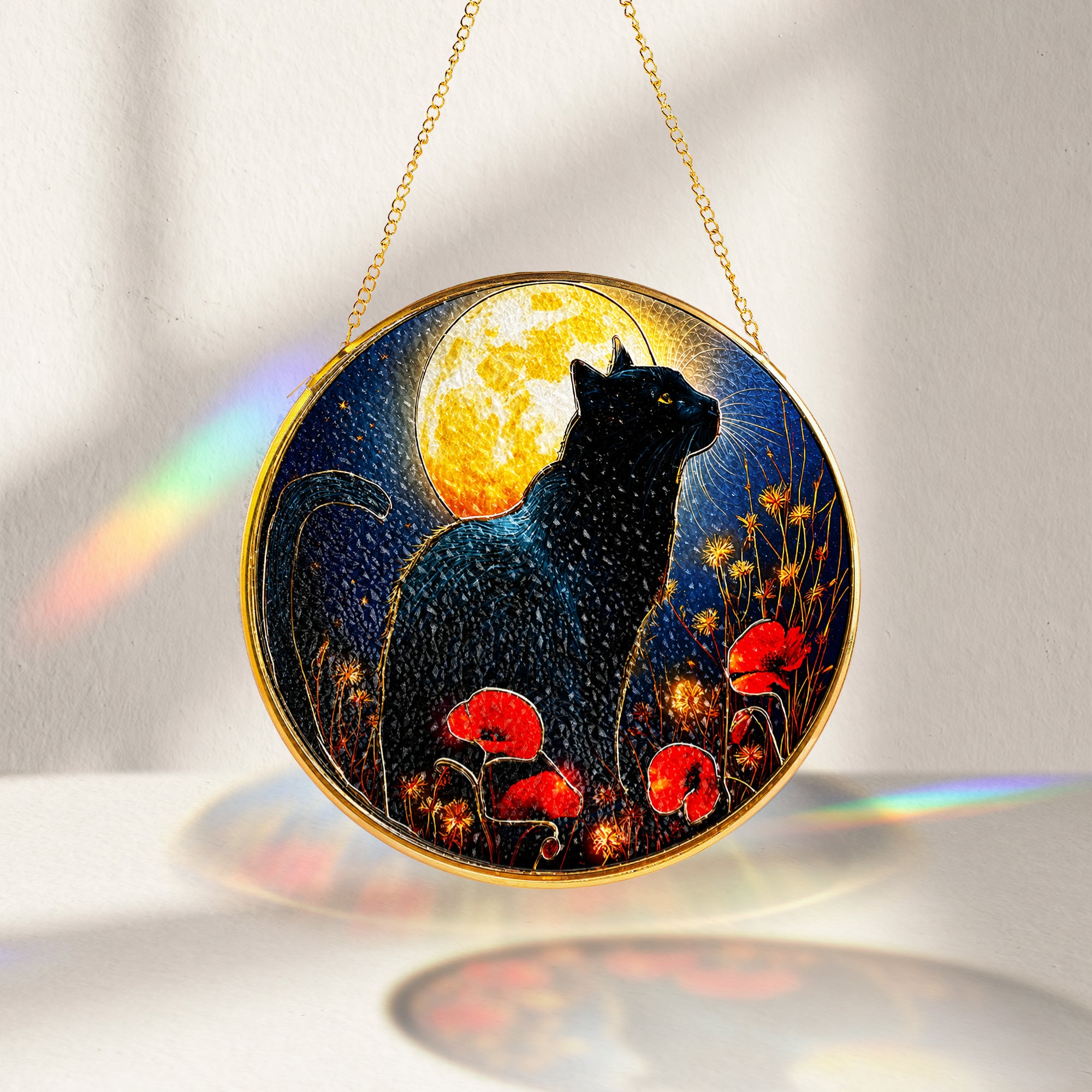 Black cat full moon stained glass suncatcher decorative round window suncatcher
