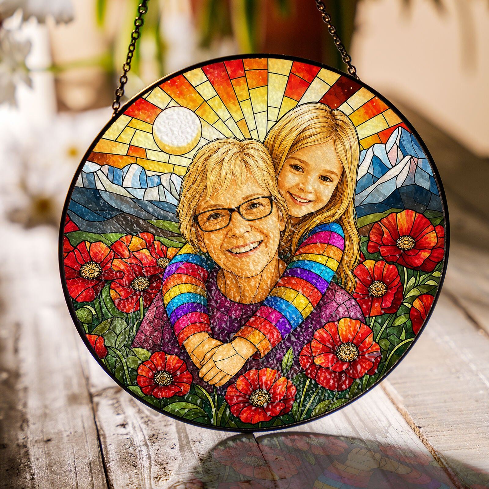 Personalized Poppy Sunrise Photo Stained Glass Suncatcher