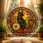 Cat memorial puzzle suncatcher glowing in a sunny window