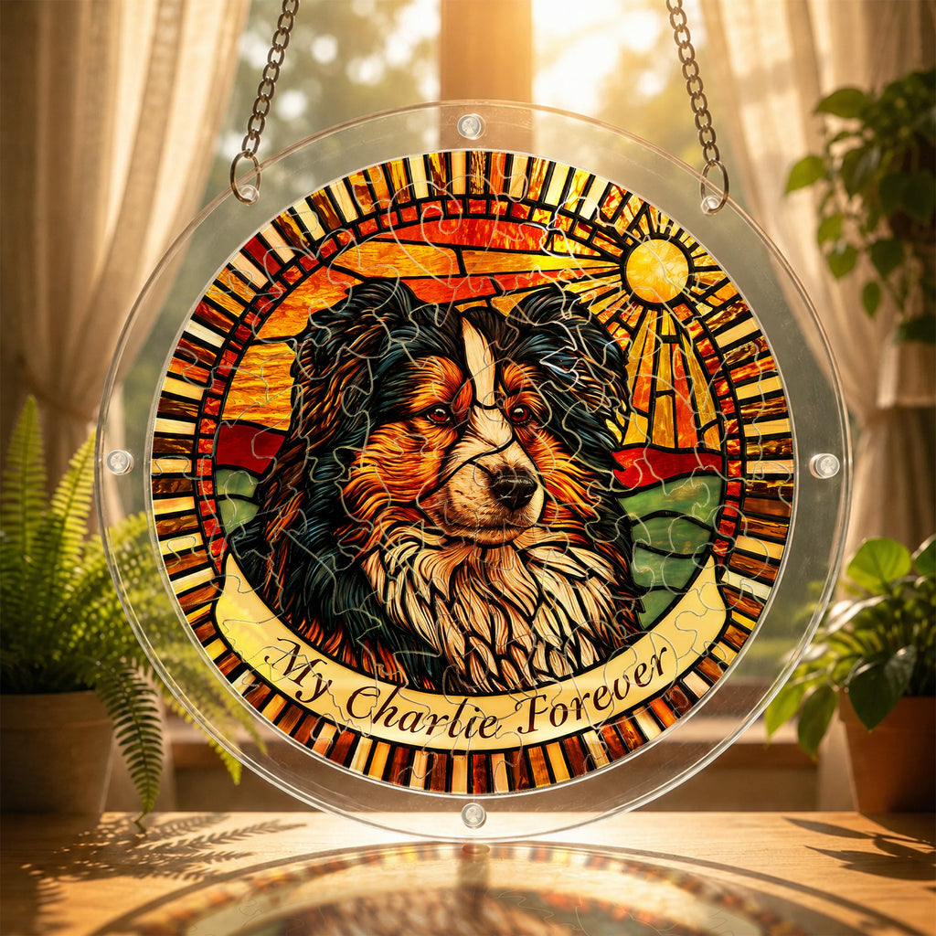 Dog memorial puzzle suncatcher glowing in a sunny window