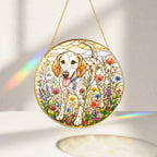 Dog & Wildflowers Stained Glass Suncatcher glowing with sunlight