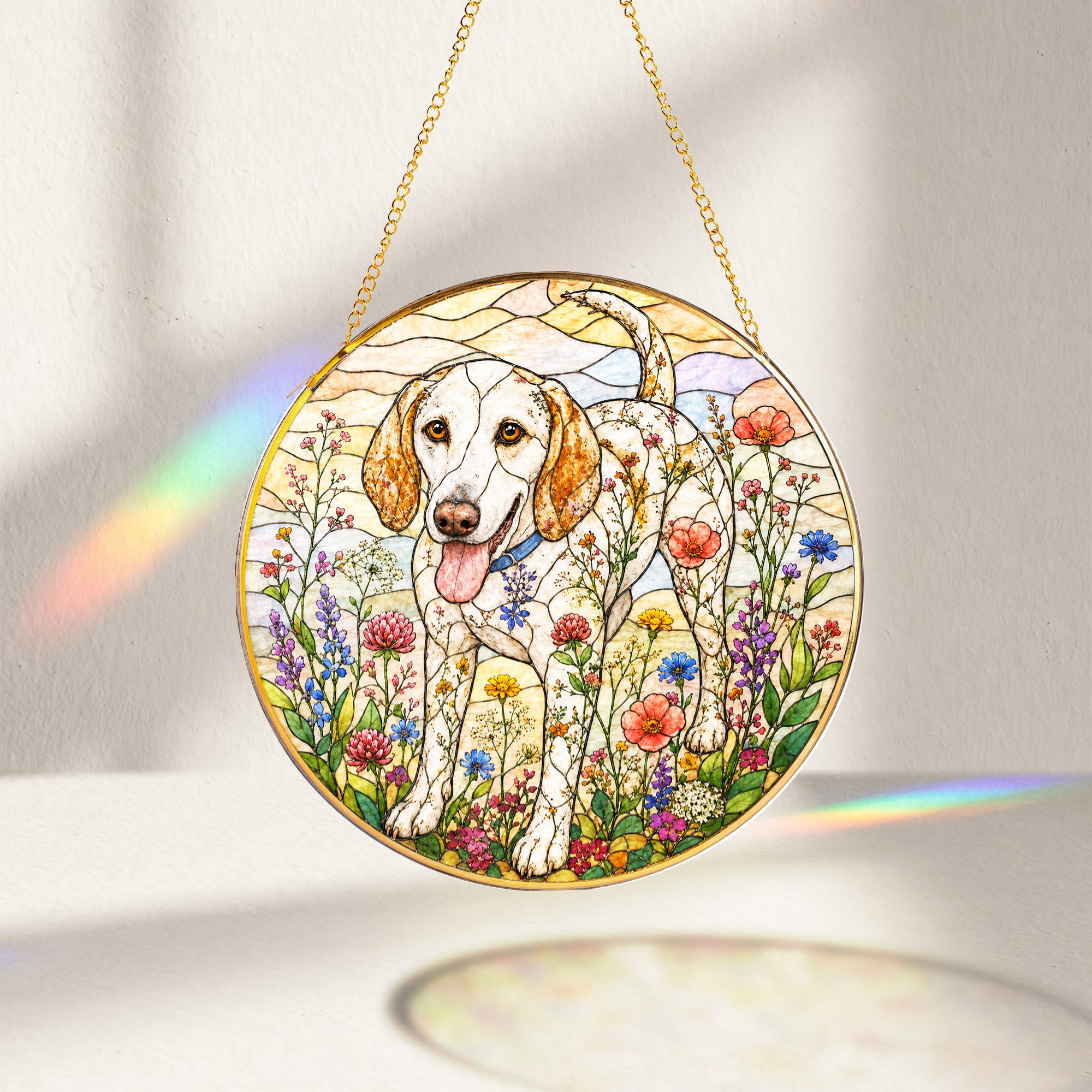 Dog & Wildflowers Stained Glass Suncatcher glowing with sunlight