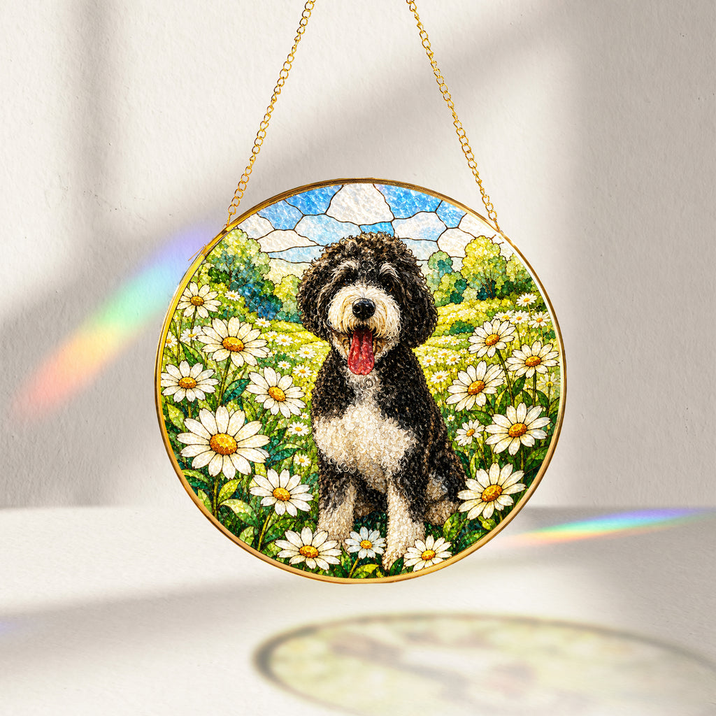Doodle Dog in Daisy Field Suncatcher glowing with sunlight