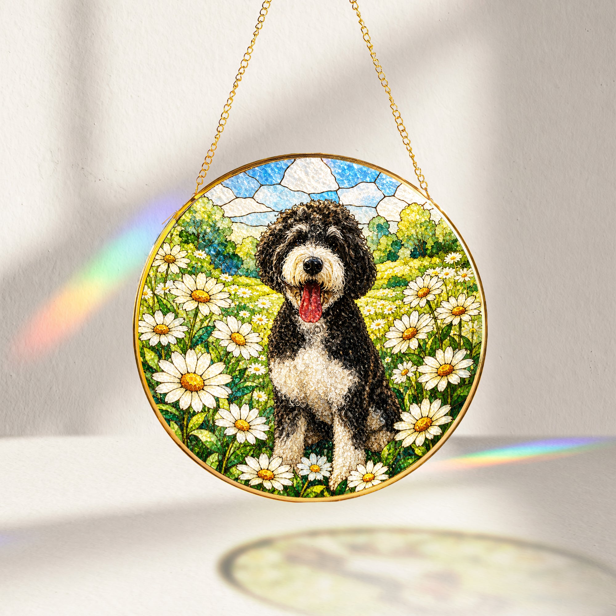 Doodle Dog in Daisy Field Suncatcher glowing with sunlight