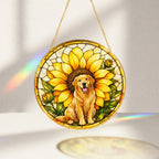 Golden Retriever Sunflower Suncatcher glowing with sunlight