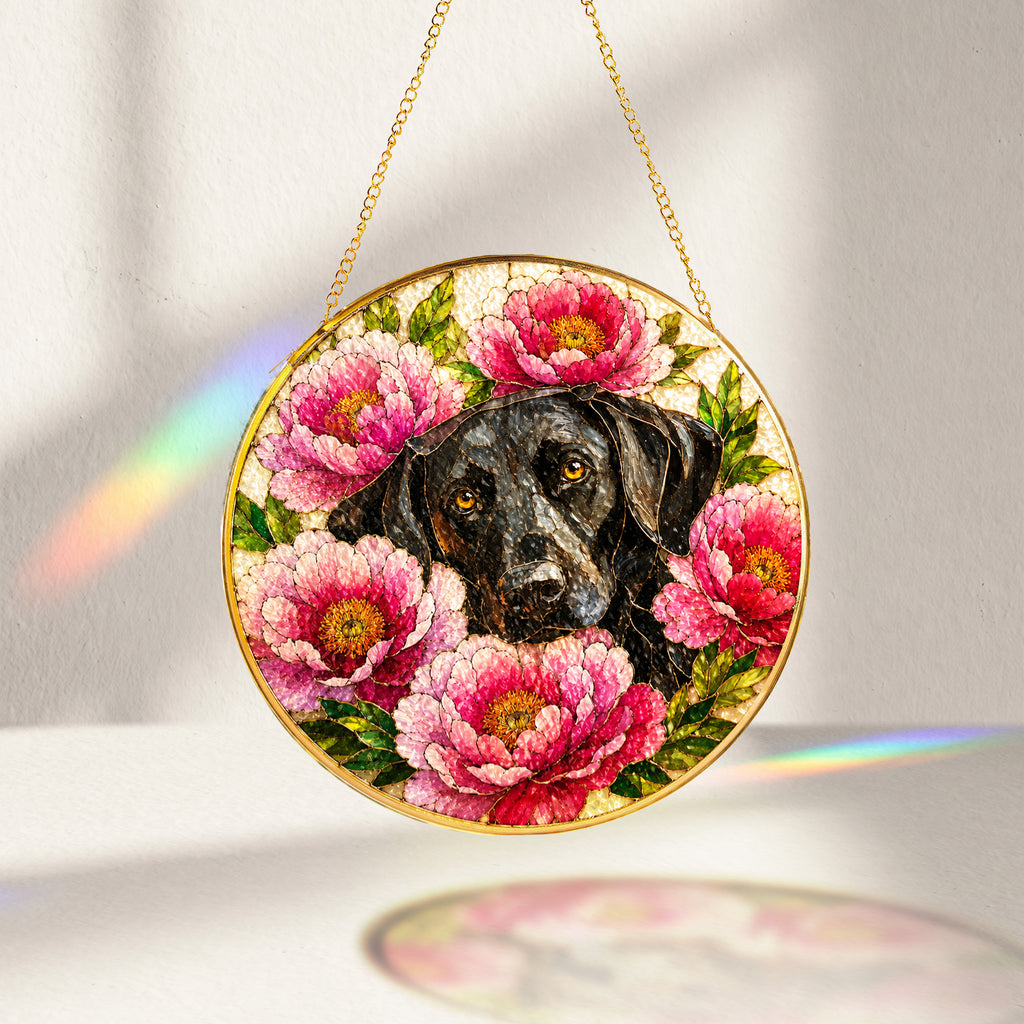 Black Lab & Peonies Glass Suncatcher glowing with sunlight