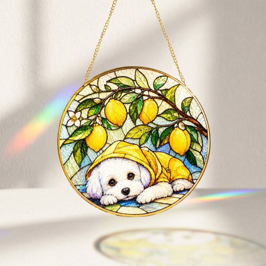 White Puppy & Lemons Glass Suncatcher glowing with sunlight