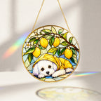 White Puppy & Lemons Glass Suncatcher glowing with sunlight