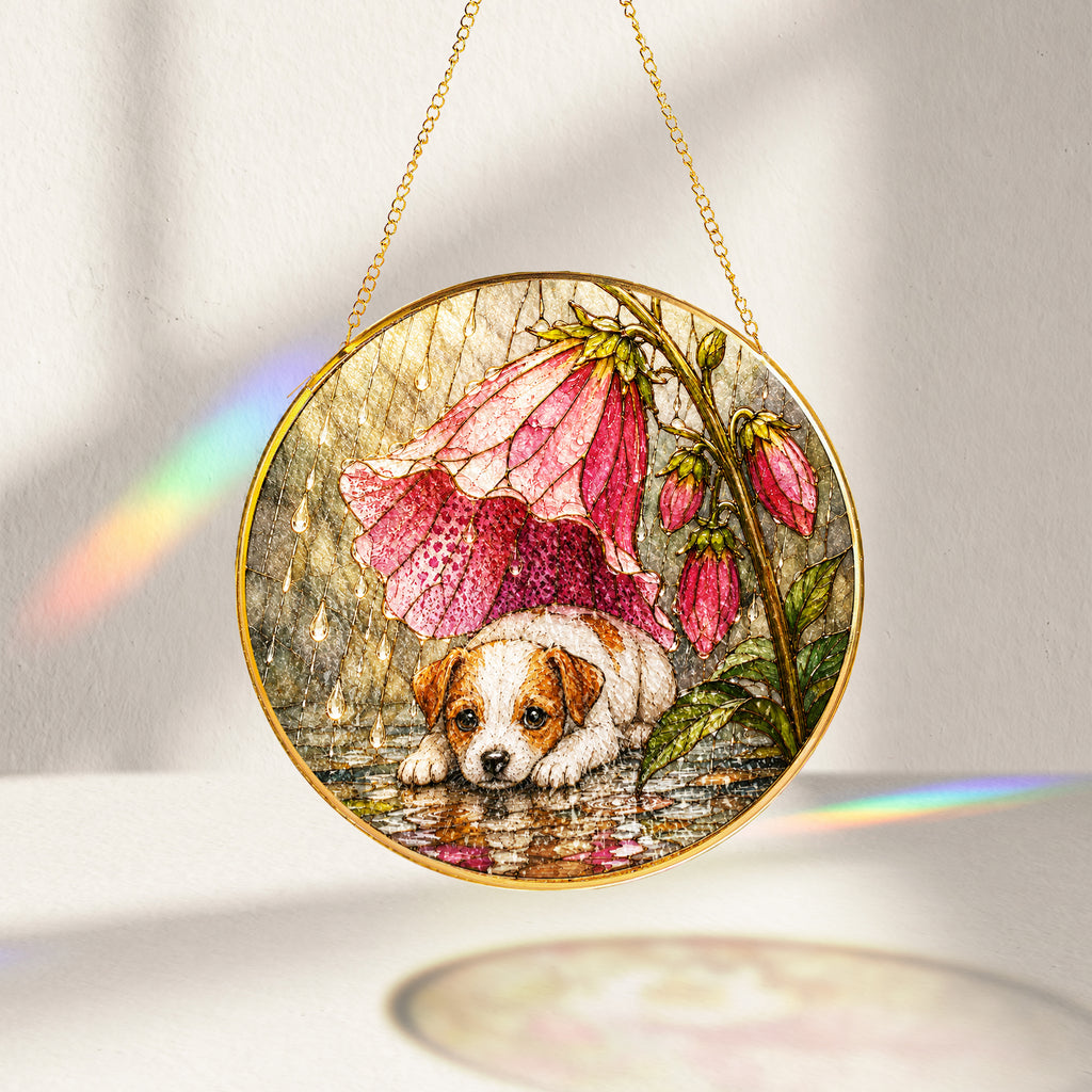 Puppy & Pink Flower Rain Suncatcher glowing with sunlight