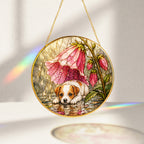 Puppy & Pink Flower Rain Suncatcher glowing with sunlight