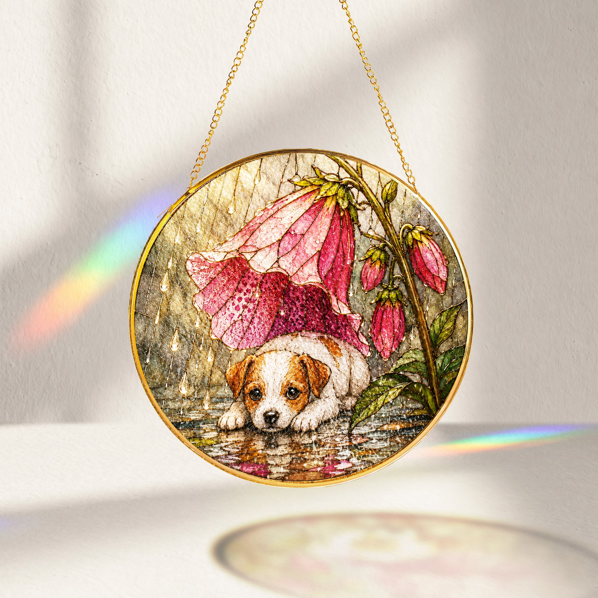 Puppy & Pink Flower Rain Suncatcher glowing with sunlight
