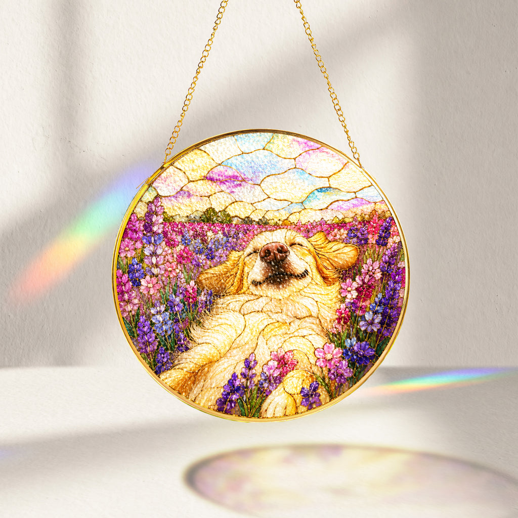 Golden Pup in Lavender Field Suncatcher glowing with sunlight
