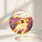 Golden Pup in Lavender Field Suncatcher glowing with sunlight