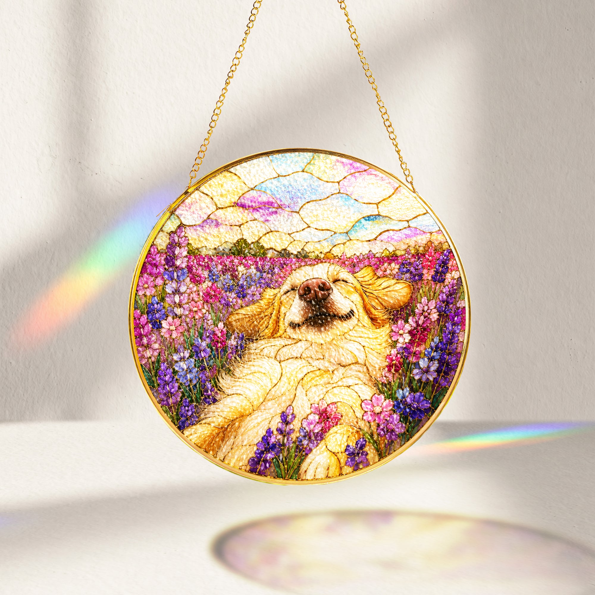 Golden Pup in Lavender Field Suncatcher glowing with sunlight