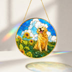 Golden Retriever Sunflower Field Suncatcher glowing with sunlight