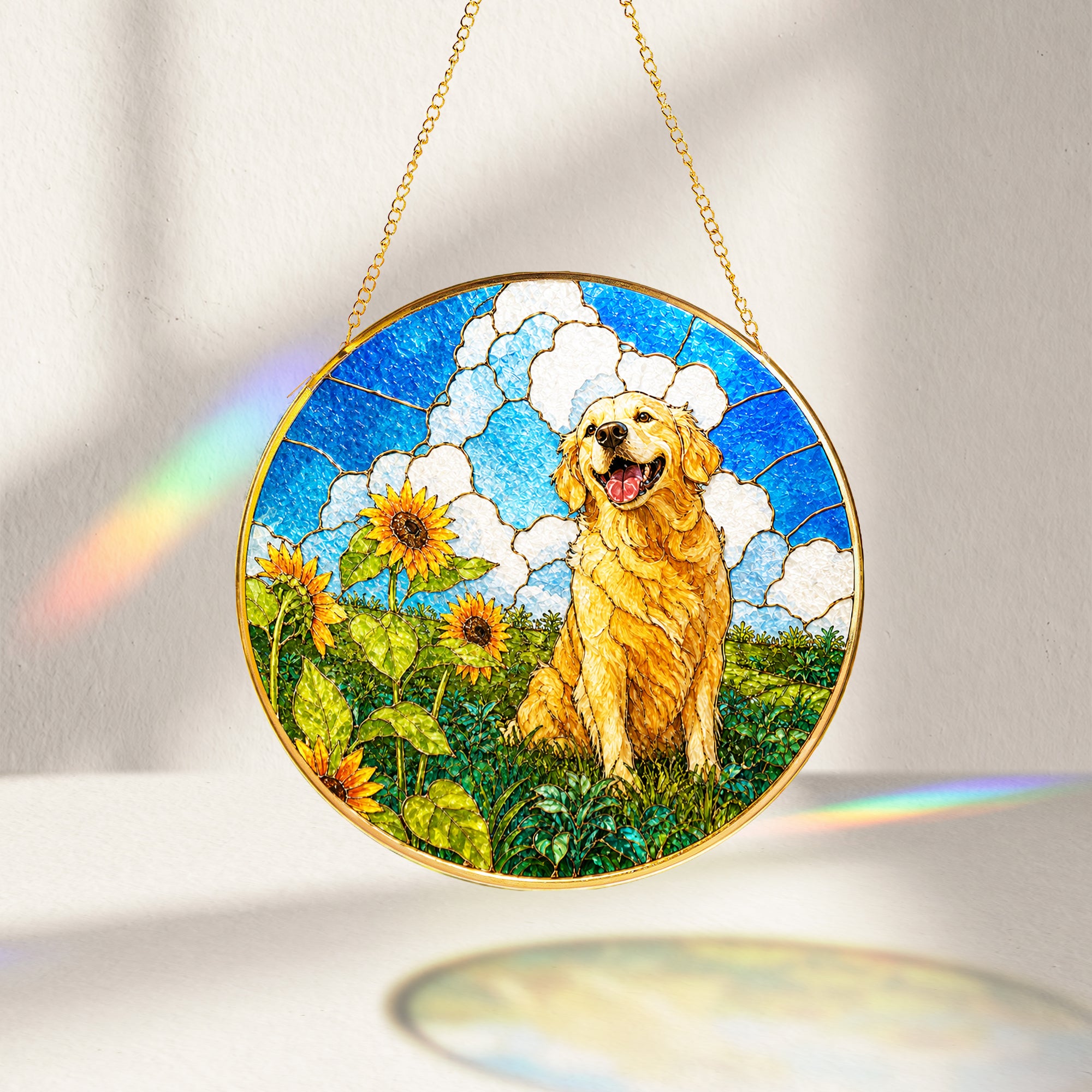 Golden Retriever Sunflower Field Suncatcher glowing with sunlight