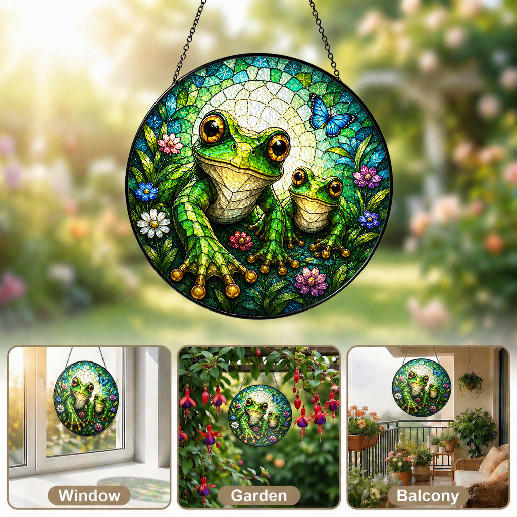 Mama and Baby Frog Wildflower Stained Glass Suncatcher