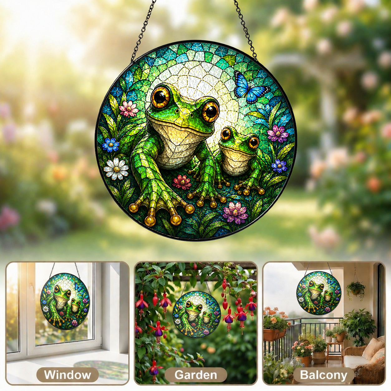 Mama and Baby Frog Wildflower Stained Glass Suncatcher