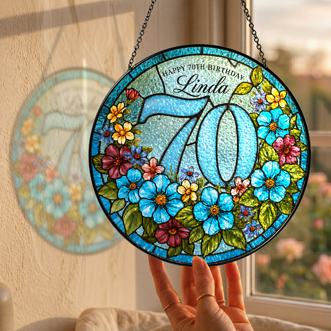 Personalized 70th Birthday Suncatcher – Custom Name Floral Stained Glass Window Hanging Gift