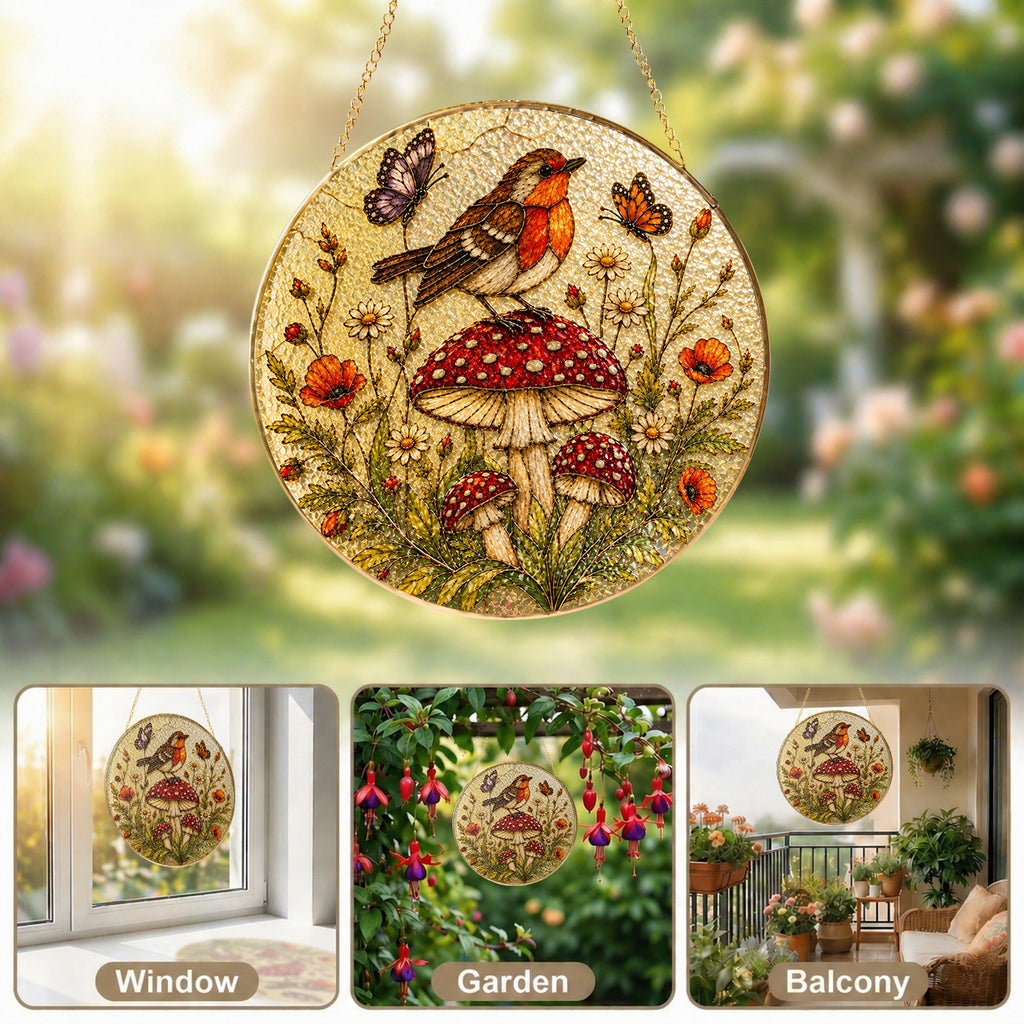 Robin & Mushroom Stained Glass Suncatcher
