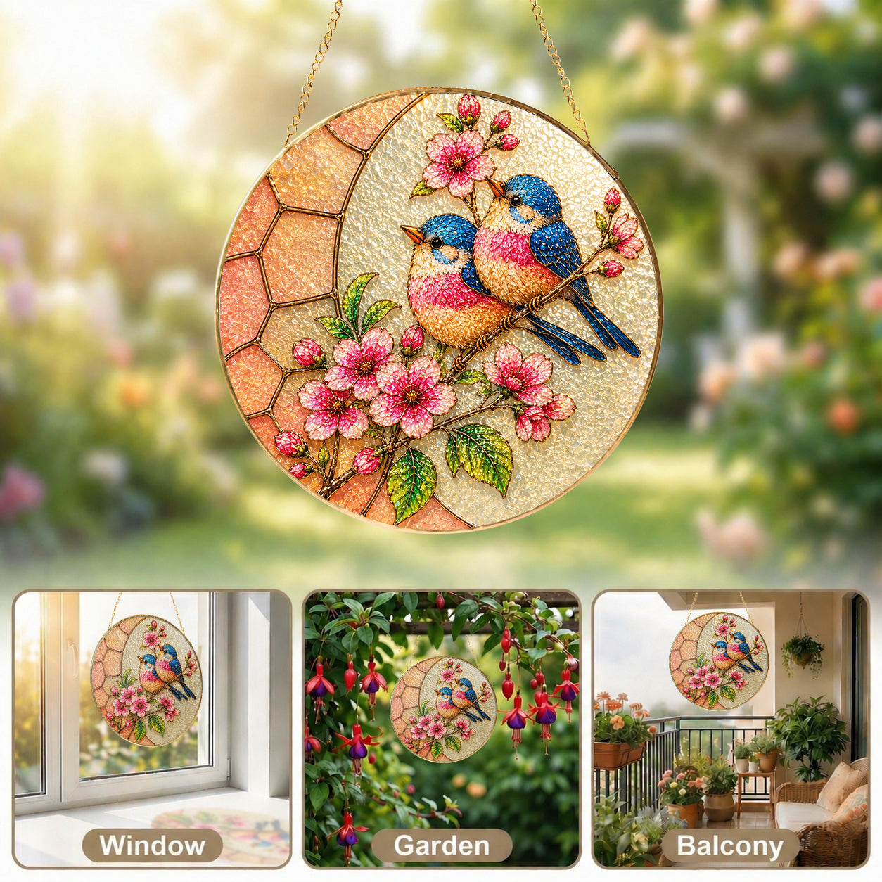 Bluebird & Cherry Blossom Stained Glass Suncatcher