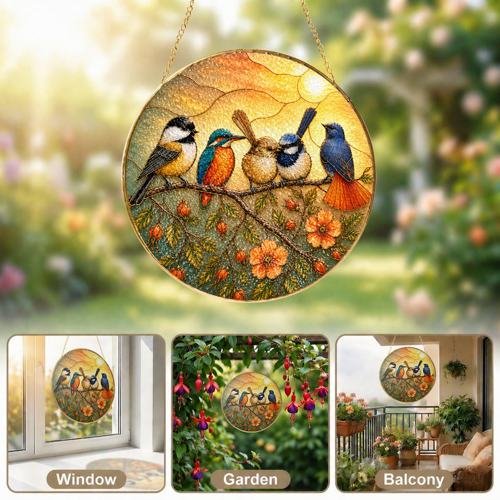 Colorful Birds on a Branch Stained Glass Suncatcher