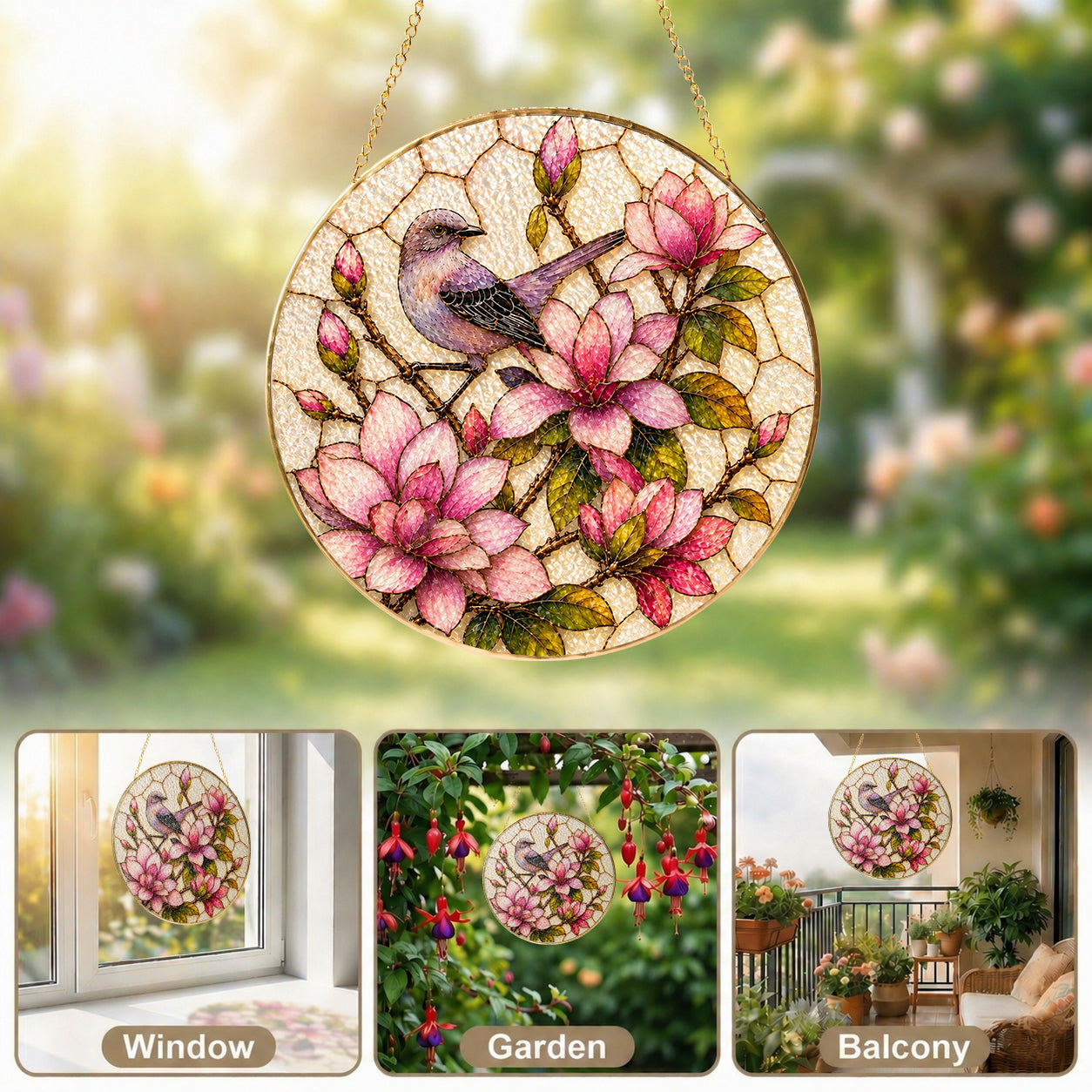 Mockingbird & Magnolia Stained Glass Suncatcher
