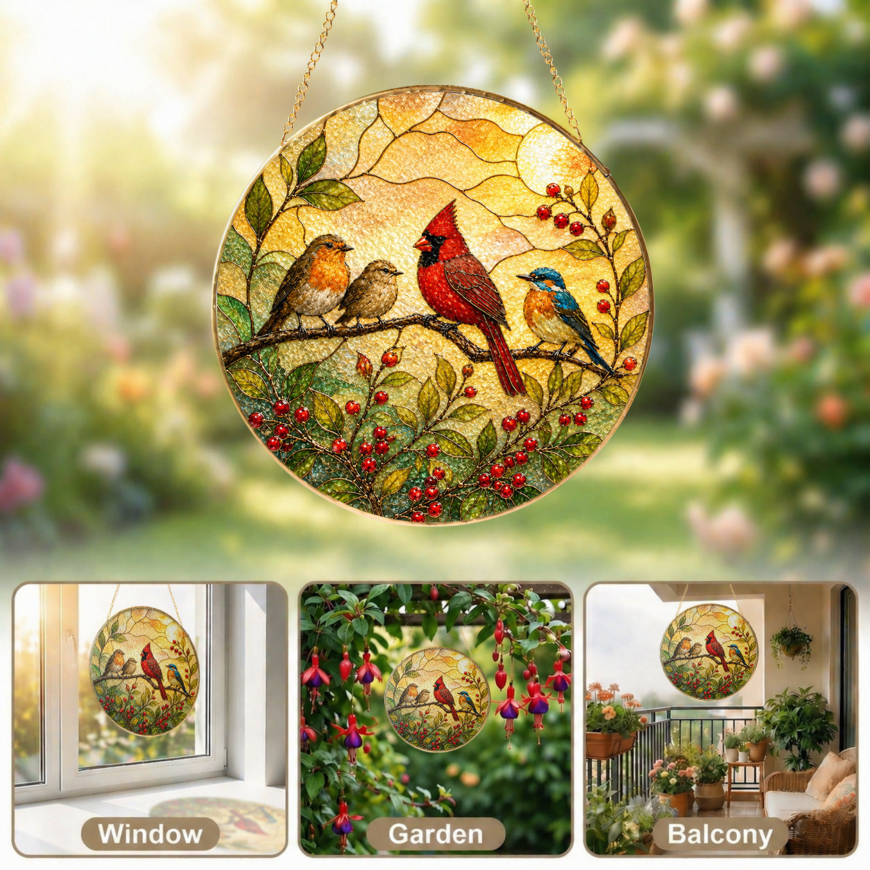 Cardinal & Songbirds Stained Glass Suncatcher