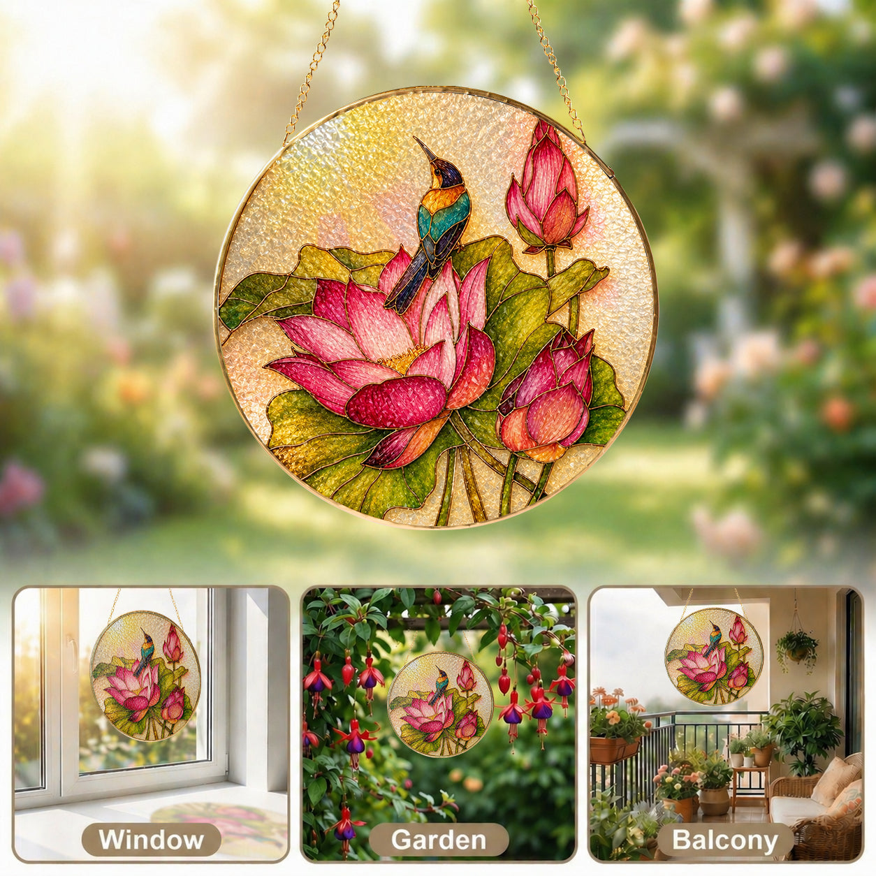 Kingfisher & Lotus Stained Glass Suncatcher