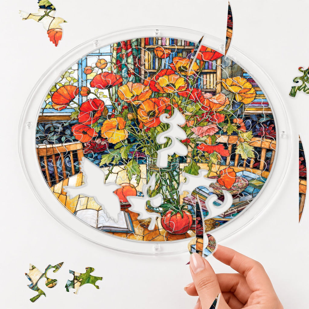 Cottage Red Poppy Acrylic Puzzle Suncatcher
