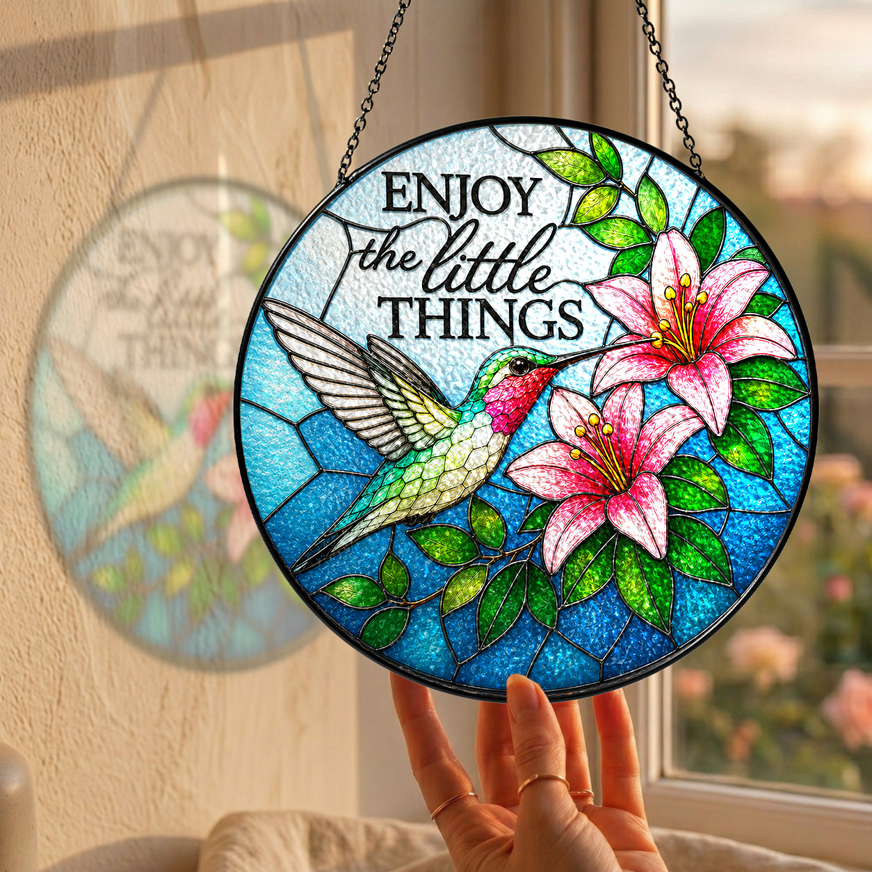 Enjoy the Little Things Hummingbird Stained Glass Suncatcher