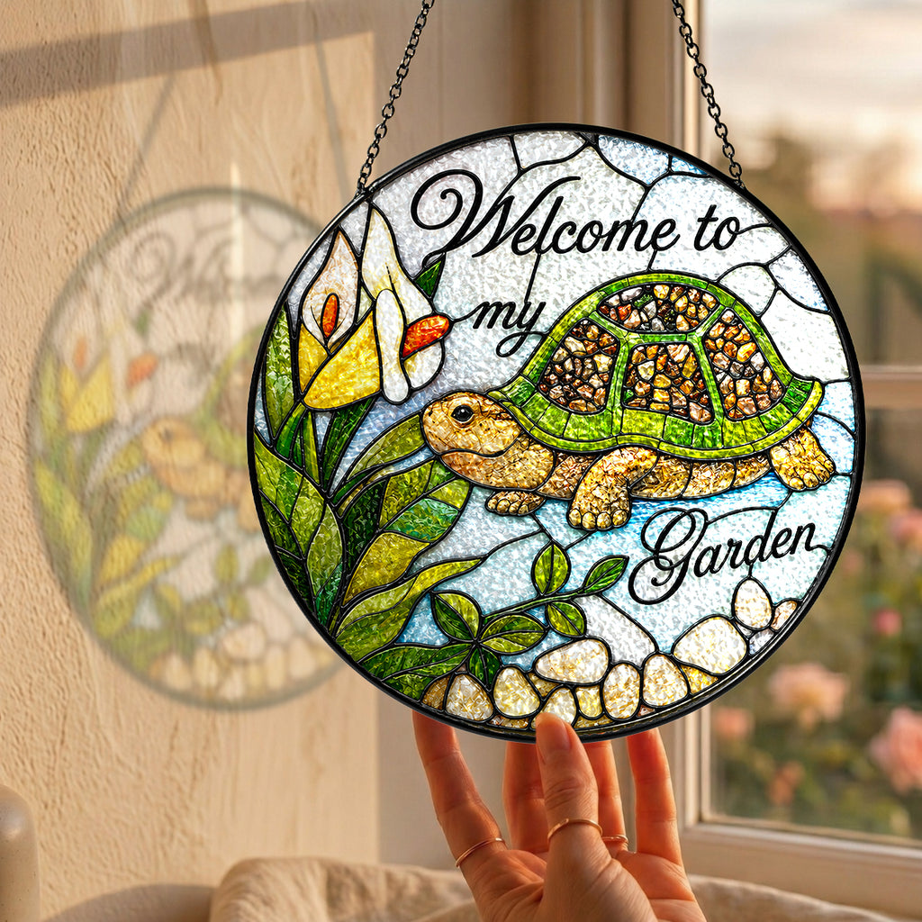 Welcome to My Garden Turtle Stained Glass Suncatcher