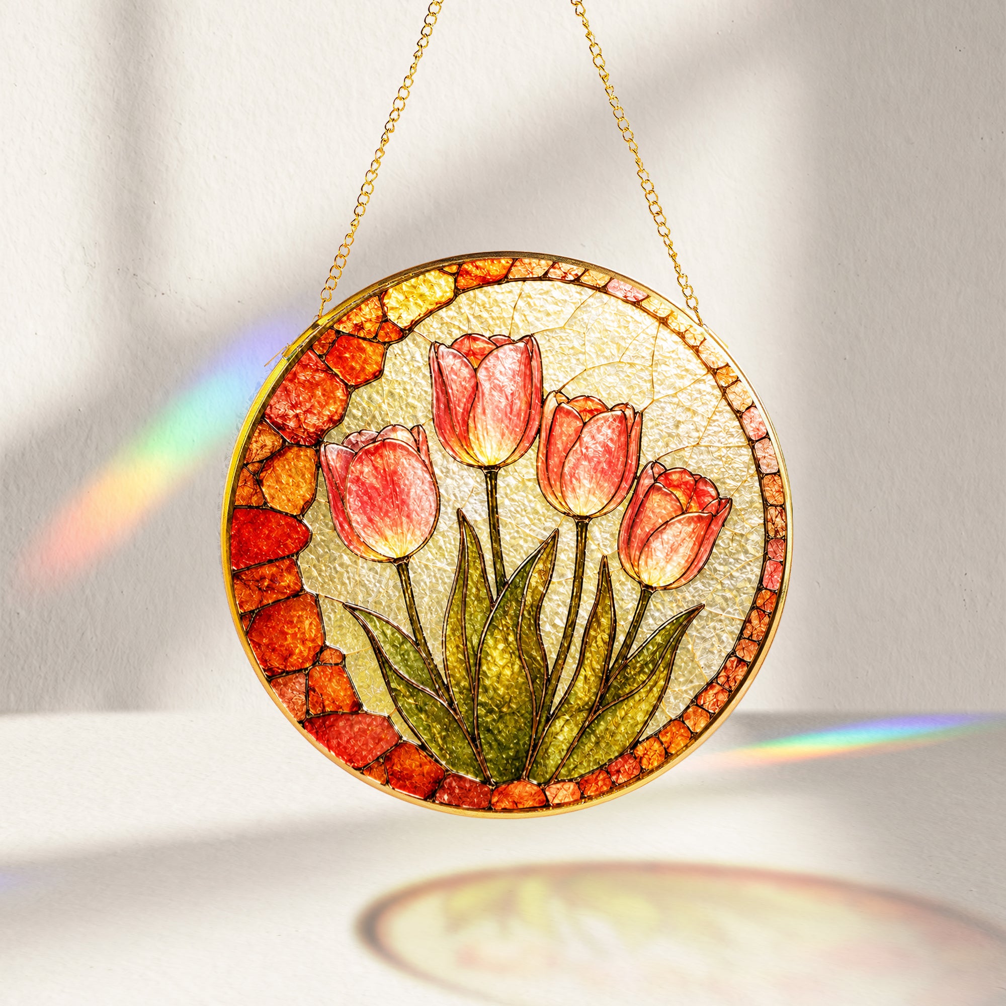 Pink tulip stained glass suncatcher decorative round window suncatcher