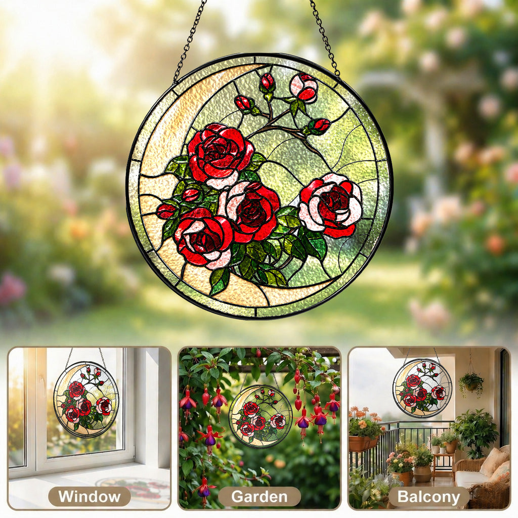 Rose stained glass suncatcher shown as window, garden, and balcony decor
