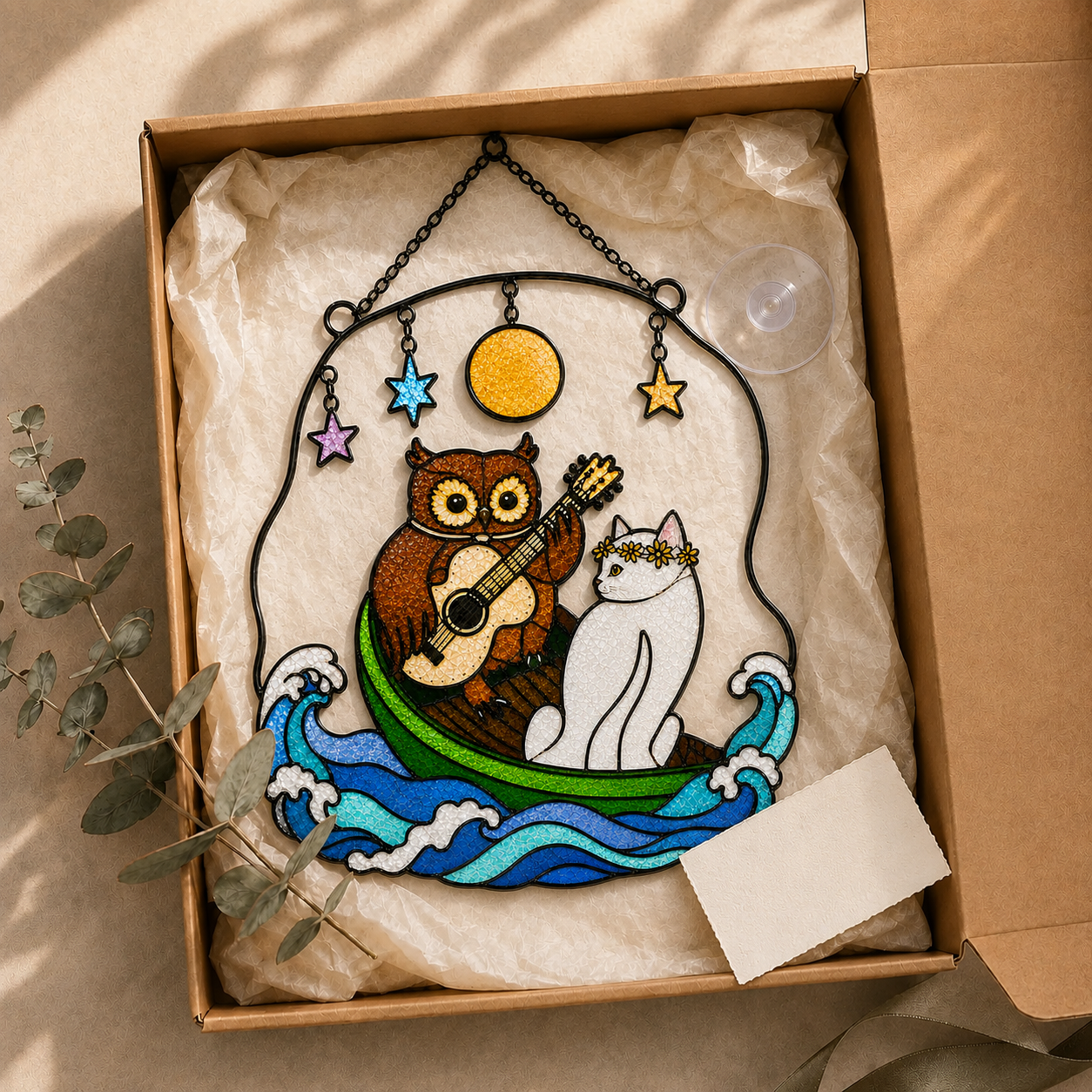 Owl and Cat Couple in a Boat Holographic Acrylic Suncatcher