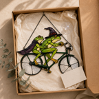 Witch Frog Couple on a Bicycle Holographic Acrylic Suncatcher