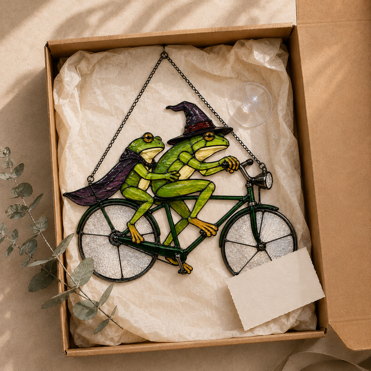 Witch Frog Couple on a Bicycle Holographic Acrylic Suncatcher