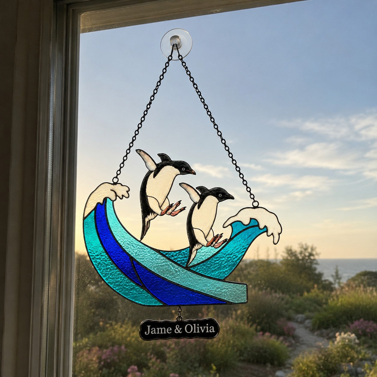 Personalized Penguin Couple Ocean Wave Holographic Acrylic Suncatcher