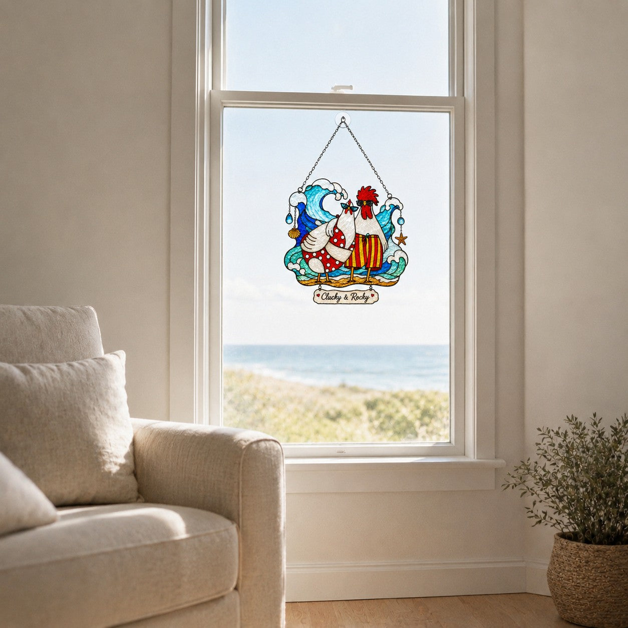 Personalized Beach Chicken Couple Holographic Acrylic Suncatcher